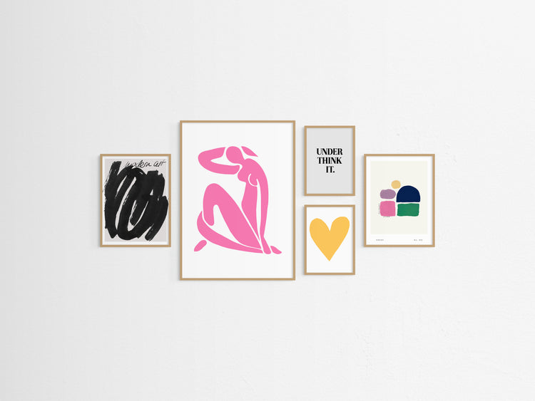 Five framed pop of colour artworks on a white wall