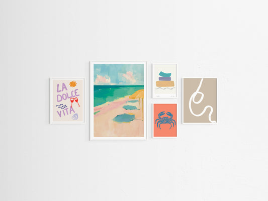 Set of five framed artworks on a white wall