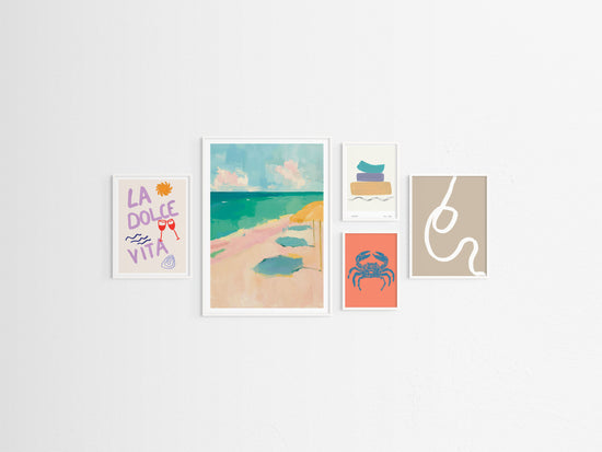 Set of five framed artworks on a white wall