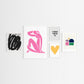 Five framed pop artworks on a white wall